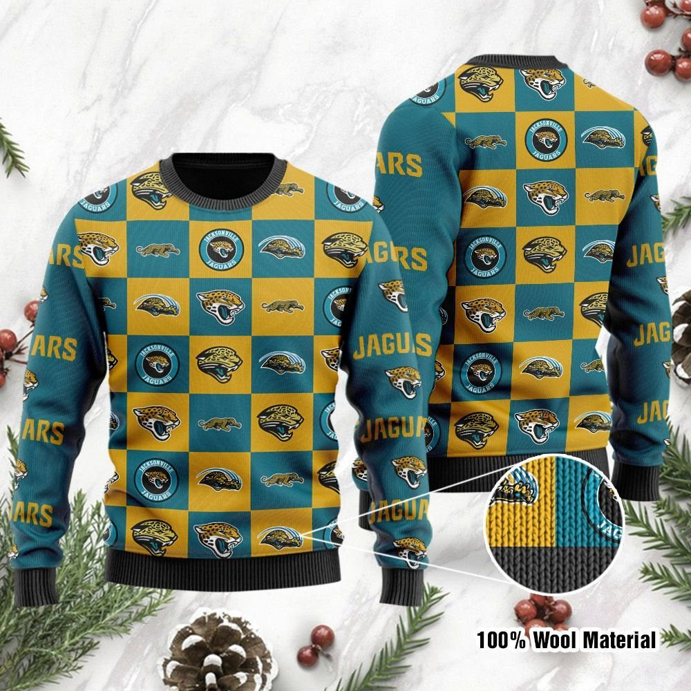 Jacksonville Jaguars Logo Checkered Flannel Ugly Christmas Sweater Adult 3D Funny Matching for family