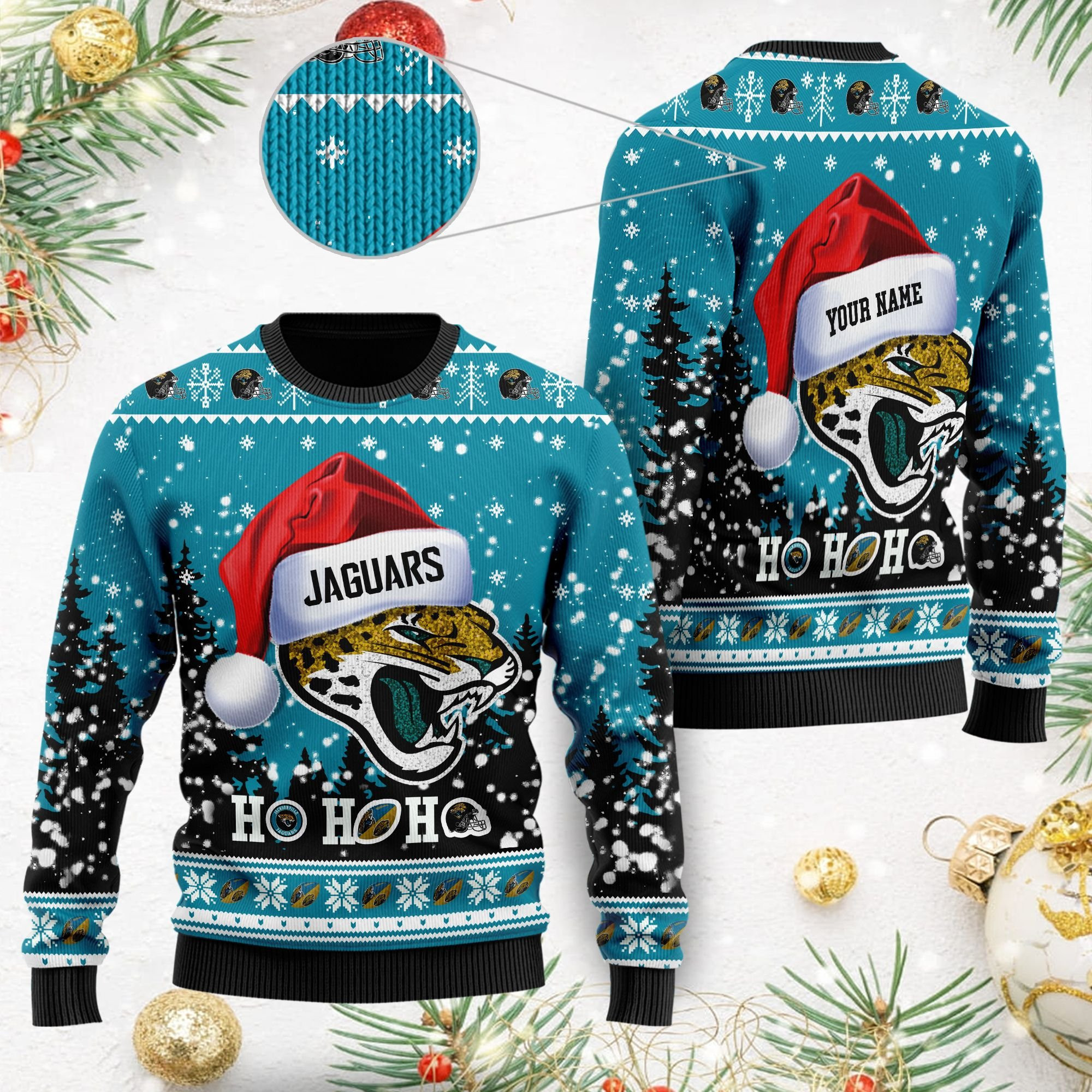 Jacksonville Jaguars Symbol Wearing Santa Claus Hat Ho Ho Ho Personalized Ugly Christmas Sweater Adult 3D Funny Matching for family