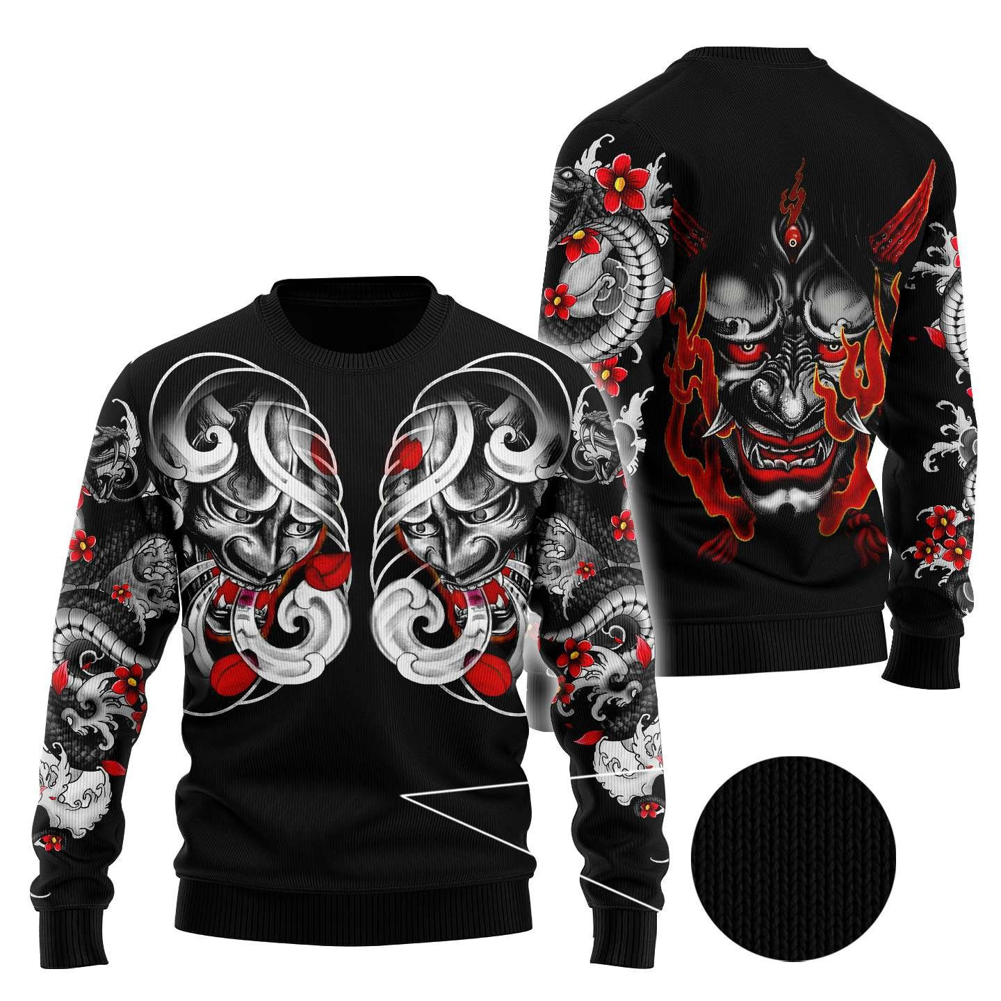Japan Mask Tattoo Ugly Christmas Sweater Adult 3D Funny Matching for family