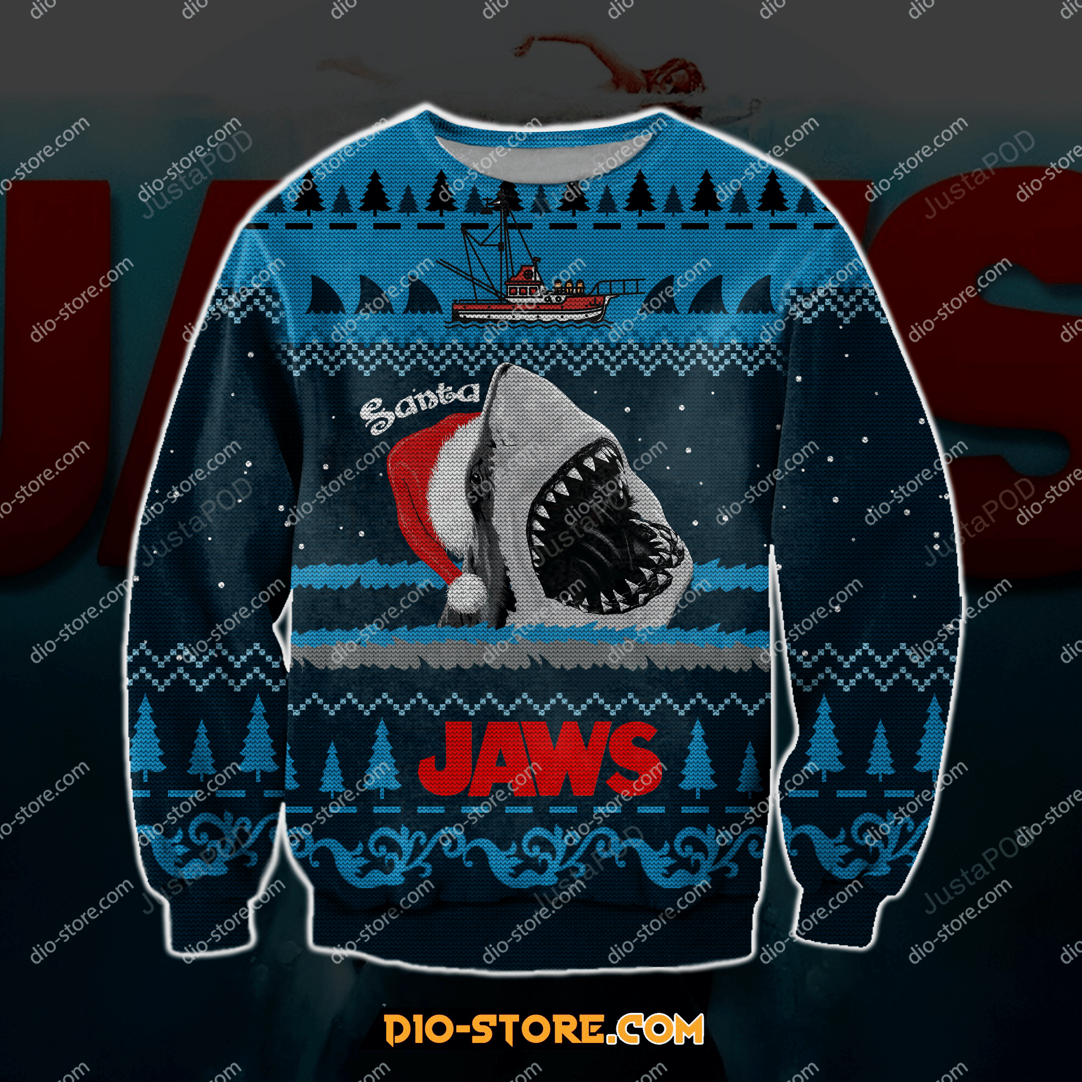 Jaws 3D Print Knitting Pattern Ugly Christmas Sweater Adult 3D Funny Matching for family