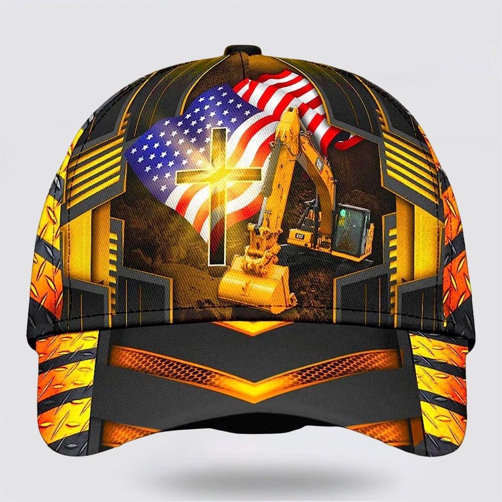 Jesus American Flag Excavator Baseball Cap Hat  Trucker Hats Custom Hats Gifts For Men & Women