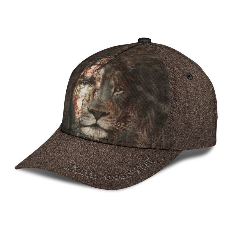 Jesus And Lion Leather Like Hat Classic Cap 3D Gift For Him, Human Cap, Trending Cap, American Cap Trucker Hats Custom Hats Gifts For Men & Women