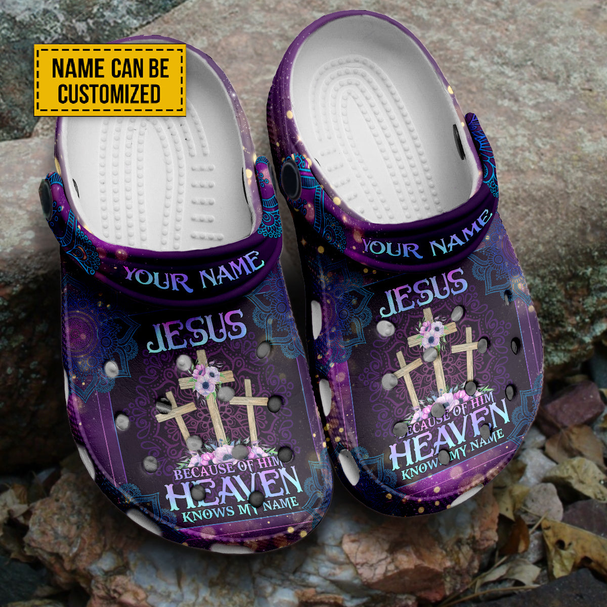 Jesus Because Of Him Heaven Knows My Name Customized Crocs Crocband Clogs Shoes Comfortable For Men Women and Kids Gift For Jesus Lovers