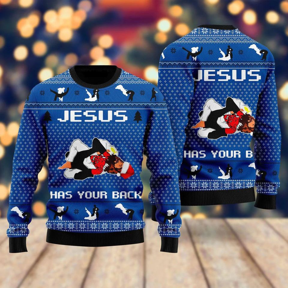 Jesus Has Your Back Jiu Jitsu Ugly Christmas Sweater