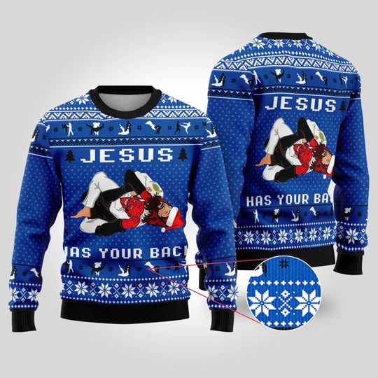 Jesus Has Your Back Jiu Jitsu Ugly Christmas Sweater, Aikido Jesus Ugly Xmas Sweater - Image 3