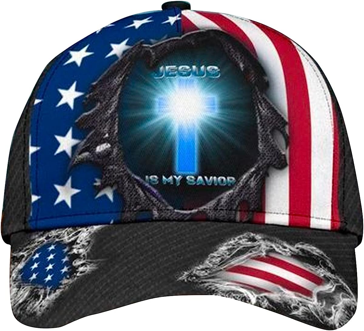 Jesus Is My Savior American Flag Jesus Cross Light All Over Print Baseball Cap - Christian Hats For Men Women Trucker Hats Custom Hats Gifts For Men & Women
