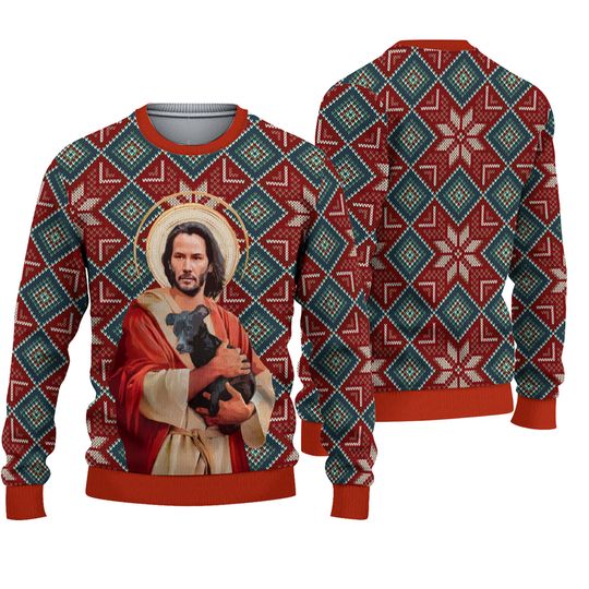 Jesus Keanu Reeves With Dog Christmas Ugly Sweater - Image 2