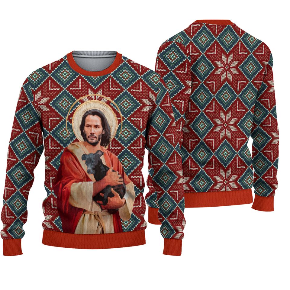 Jesus Keanu Reeves With Dog Ugly Christmas Sweater