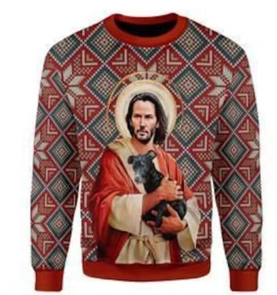 Jesus Keanu Reeves With Dog Ugly Christmas Sweater Ugly Christmas Sweater