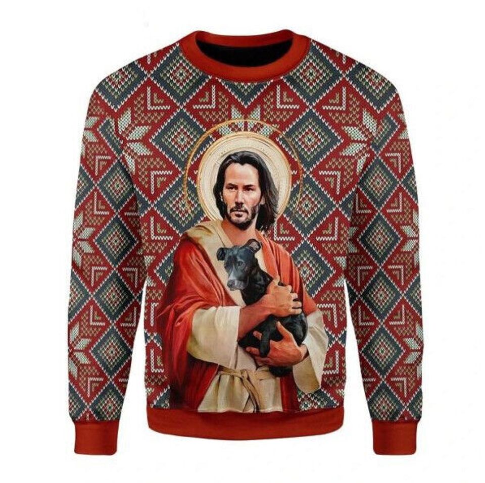Jesus Keanu Reeves With Dog Ugly Christmas Sweater, Ugly Christmas Sweater