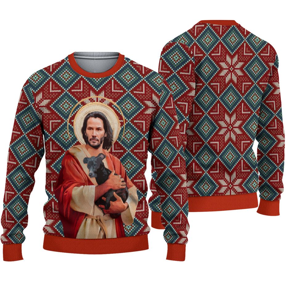 Jesus Keanu Reeves With Dog Ugly Christmas Sweater, Ugly Christmas Sweater