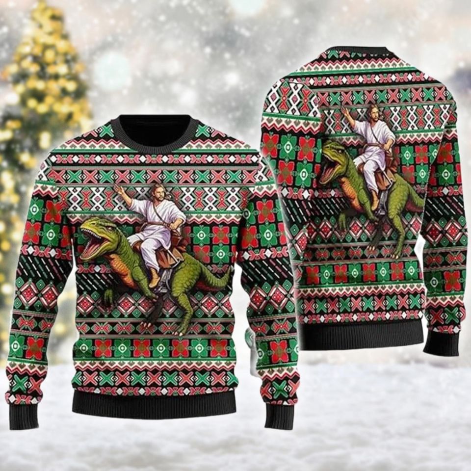 Jesus Riding Dinosaur Ugly Christmas Sweater, Dinosaur Christmas Sweatshirt