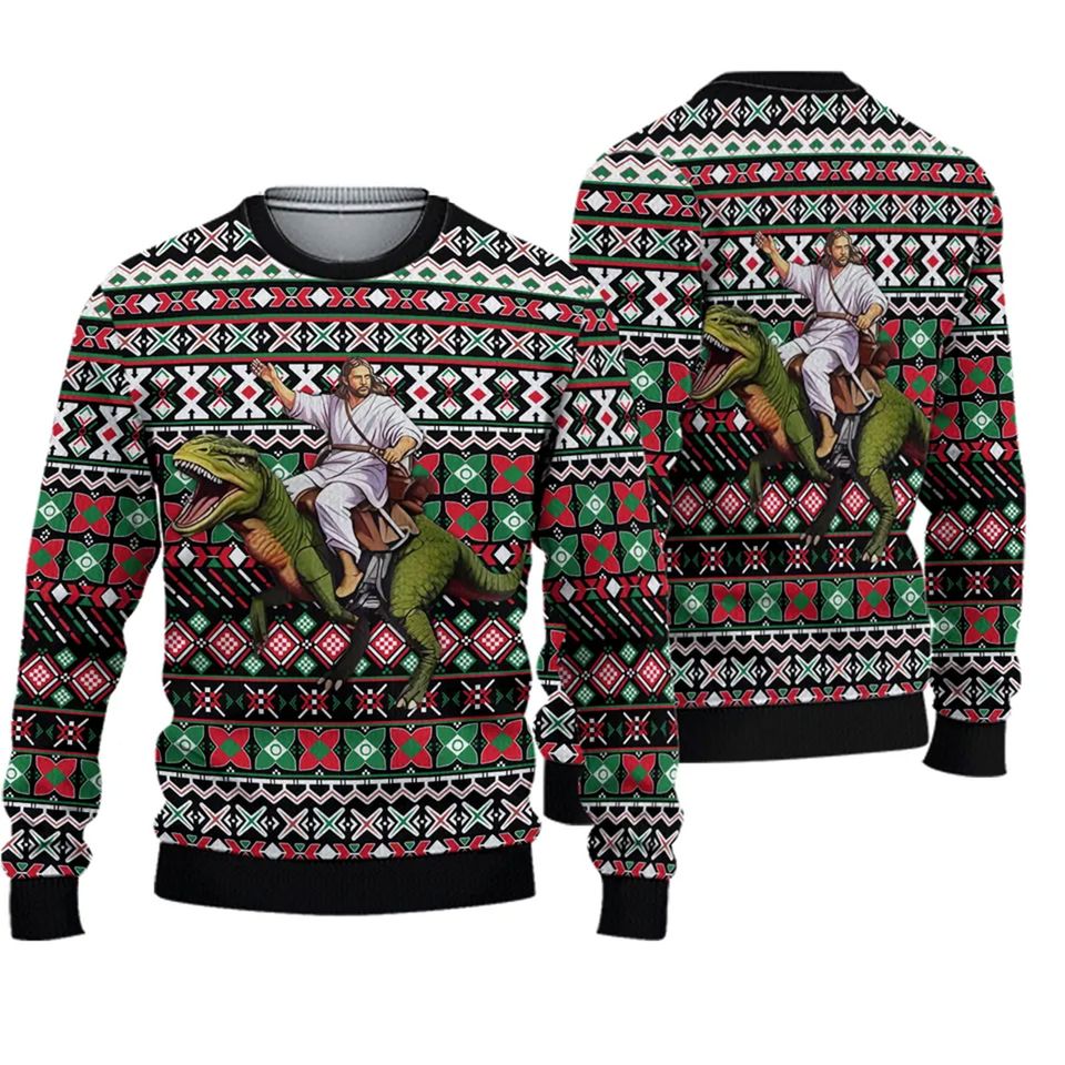 Jesus Riding Dinosour Ugly Christmas Sweater