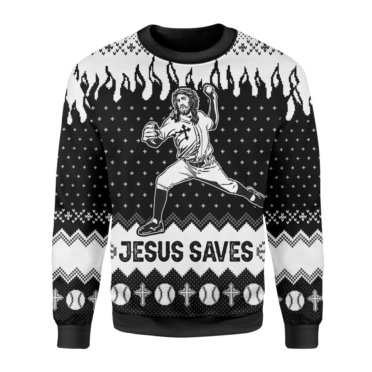 Jesus Saves Baseball Ugly Christmas Sweater Adult 3D Funny Matching for family