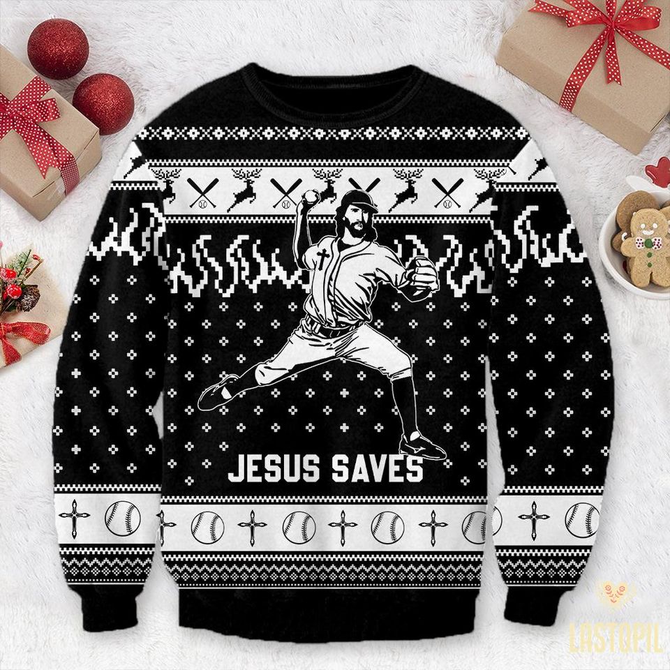 Jesus Saves Baseball Ugly Christmas Sweater Baseball Player Sweatshirt