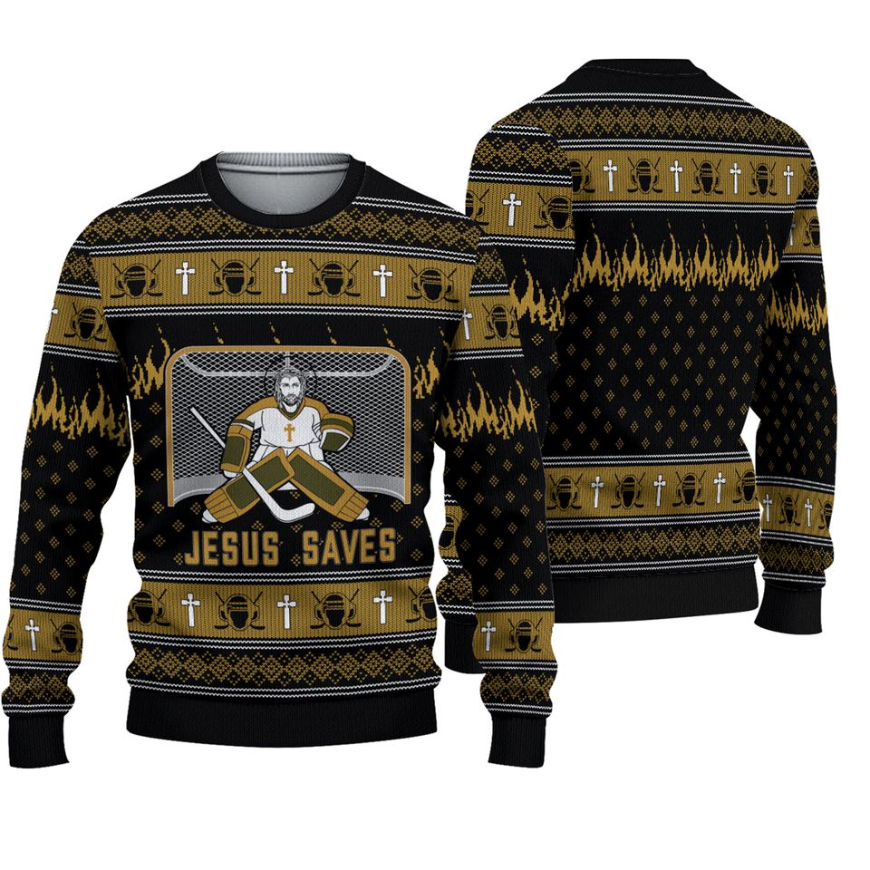 Jesus Saves Hockey Man Christmas Ugly Sweater, Canada Hockey Sweatshirt