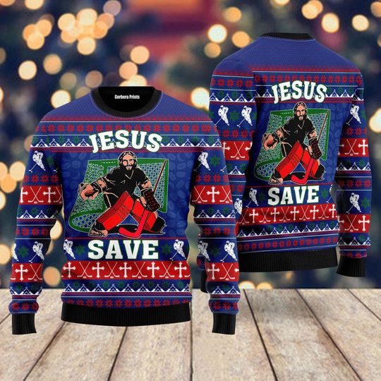 Jesus Saves Hockey Ugly Christmas Sweater - Image 7
