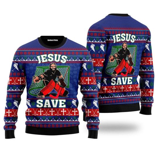 Jesus Saves Hockey Ugly Christmas Sweater - Image 6