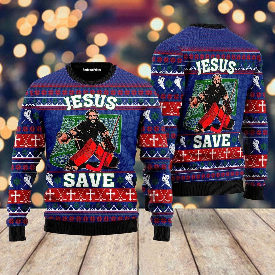 Jesus Saves Hockey Ugly Christmas Sweater - Image 3