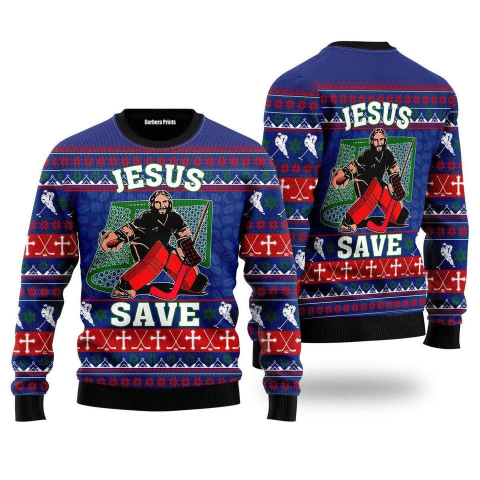 Jesus Saves Hockey Ugly Christmas Sweater