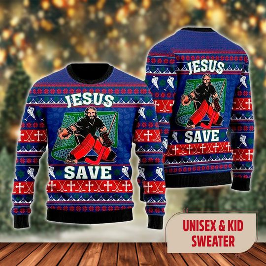 Jesus Saves Hockey Ugly Christmas Sweater, Jesus Saves Hockey Xmas Sweatshirt - Image 6