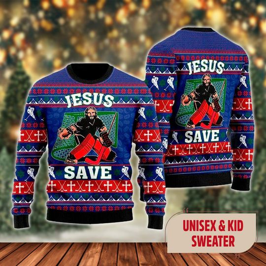 Jesus Saves Hockey Ugly Christmas Sweater, Jesus Saves Hockey Xmas Sweatshirt - Image 7