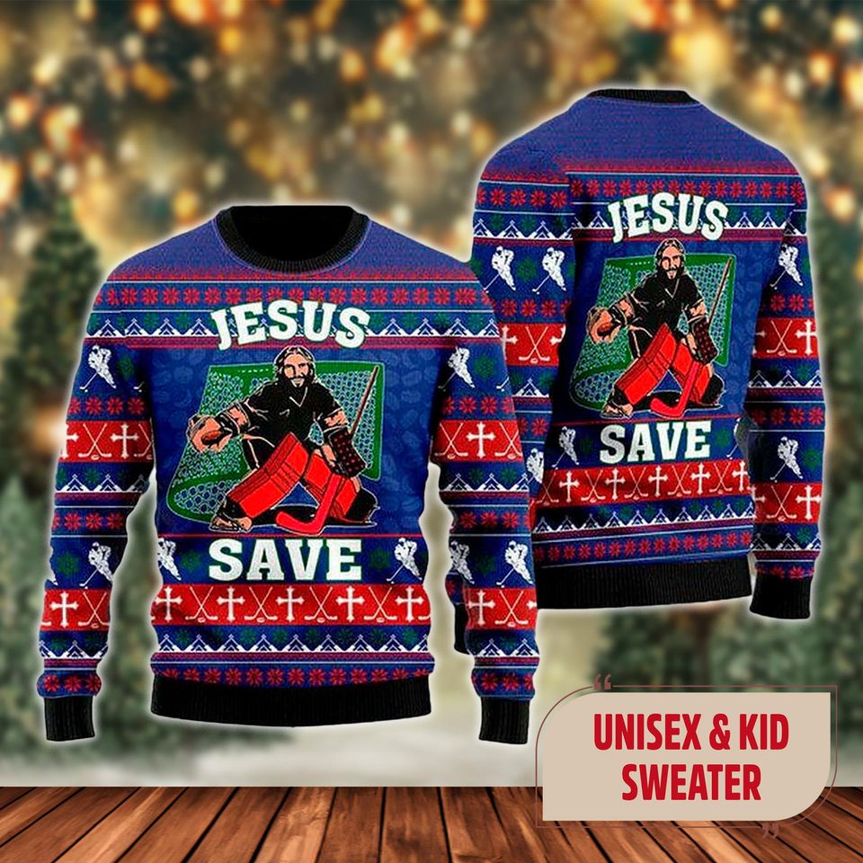Jesus Saves Hockey Ugly Christmas Sweater, Jesus Saves Hockey Xmas Sweatshirt