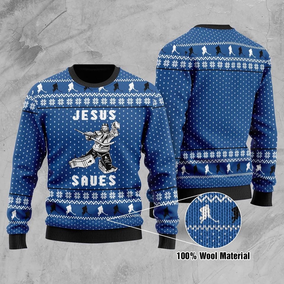 Jesus Saves Hockey Ugly Christmas Sweater, Jesus Sweater