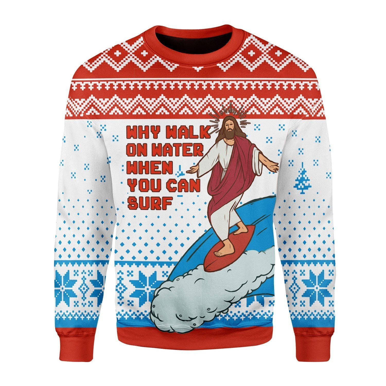 Jesus Surfing Ugly Christmas Sweater Adult 3D Funny Matching for family