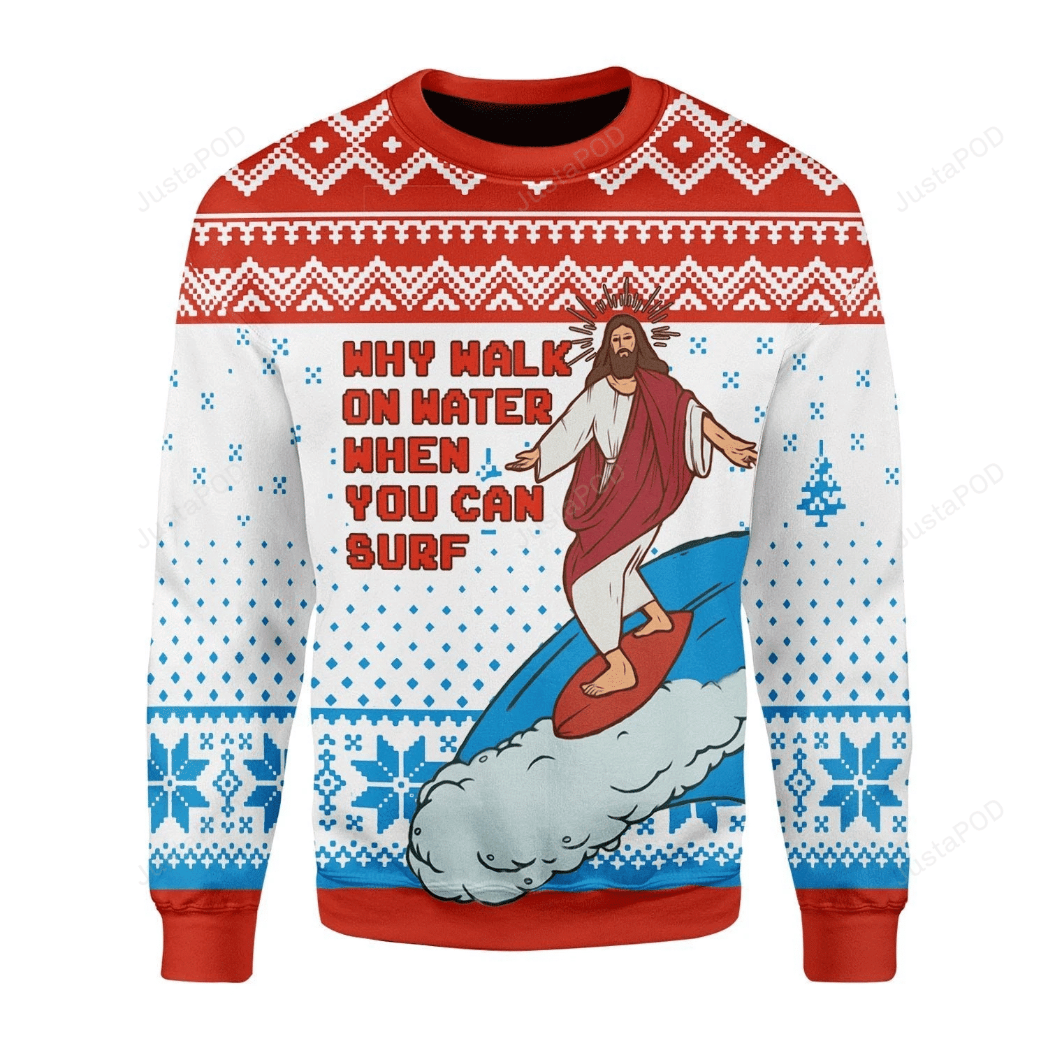 Jesus Surfing Ugly Christmas Sweater Adult 3D Funny Matching for family