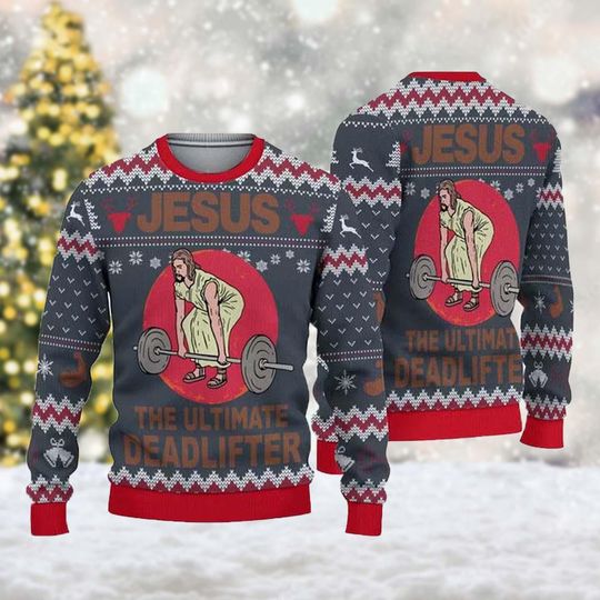 Jesus The Ultimate Deadlifter 3D Ugly Christmas Sweater - Image 7