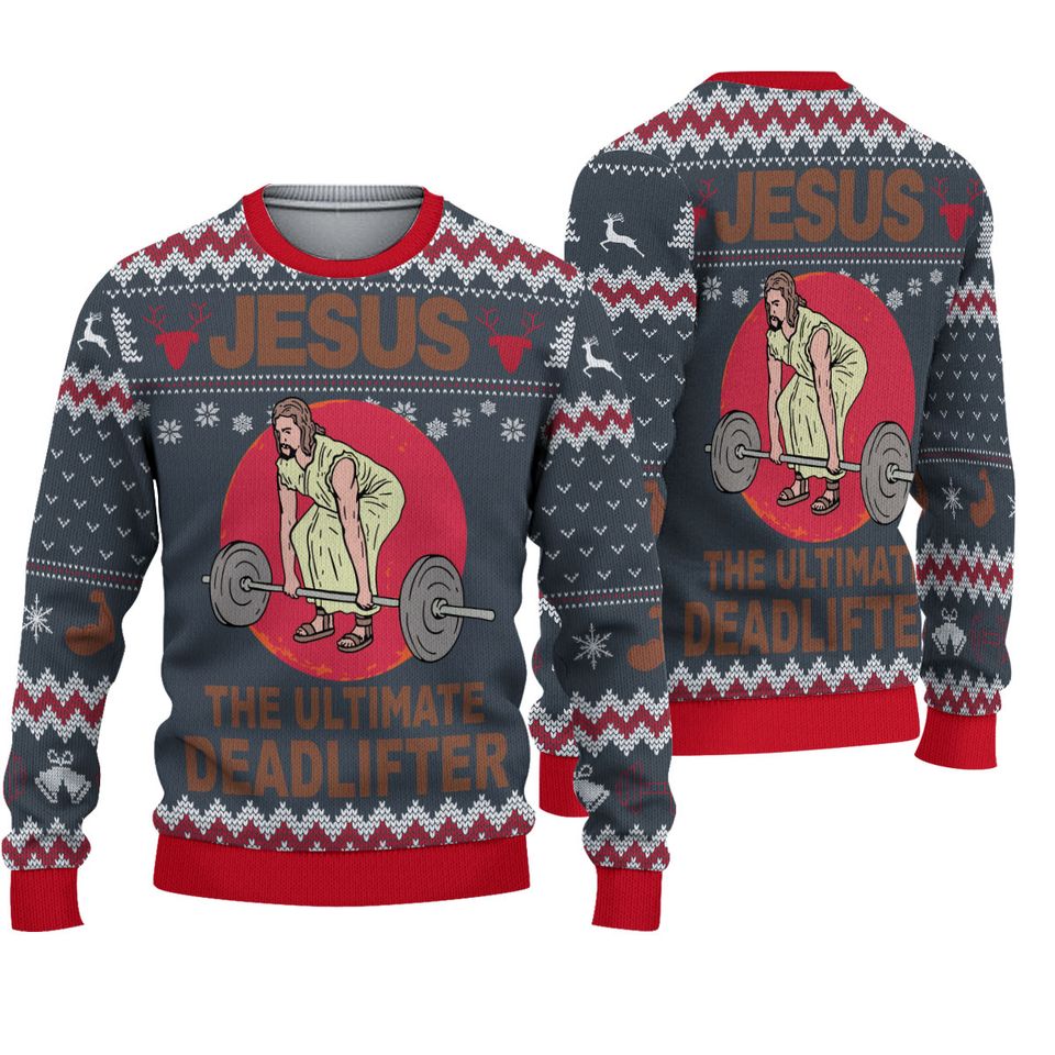 Jesus The Ultimate Deadlifter PREMIUM Merry Christmas Ugly Sweater 2023