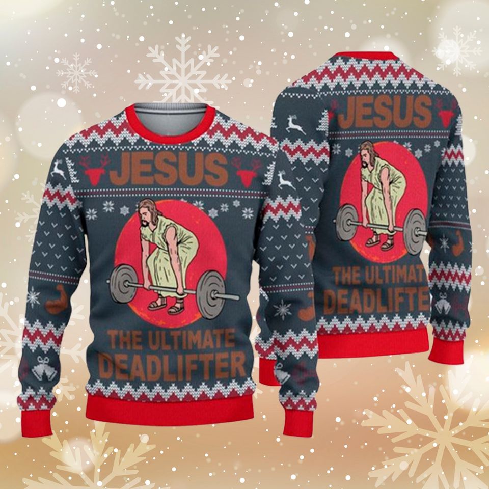 Jesus The Ultimate Deadlifter PREMIUM Merry Christmas Ugly Sweater