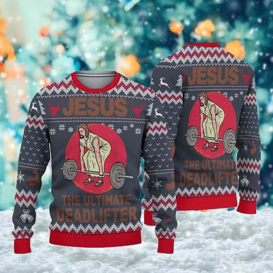 Jesus The Ultimate Deadlifter Ugly Christmas Sweater, Jesus Lover Xmas Sweatshirt - Image 2
