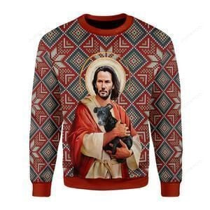 Jesus With Dog Ugly Christmas Sweater Adult 3D Funny Matching for family