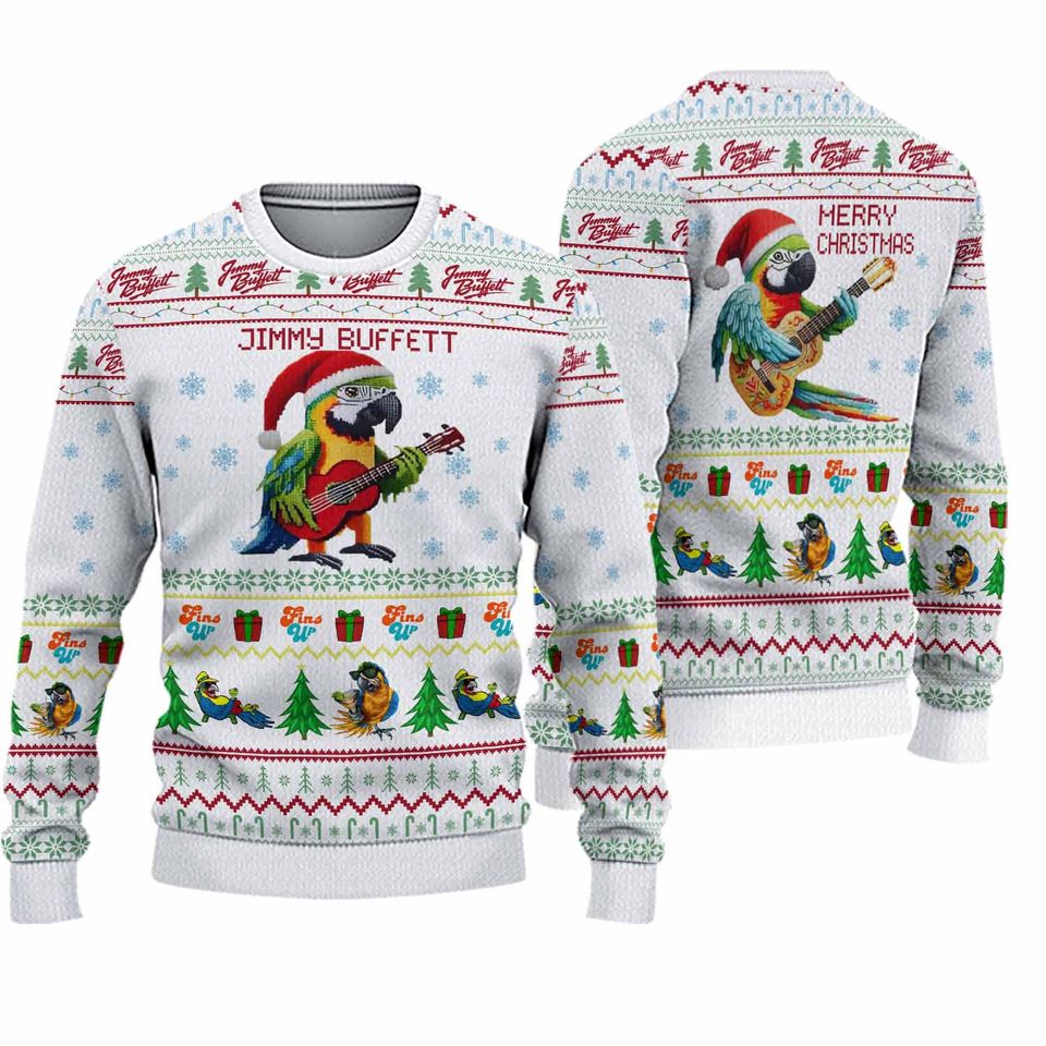Jimmy Buffett Loves Parrot Merry Christmas Ugly Sweater White