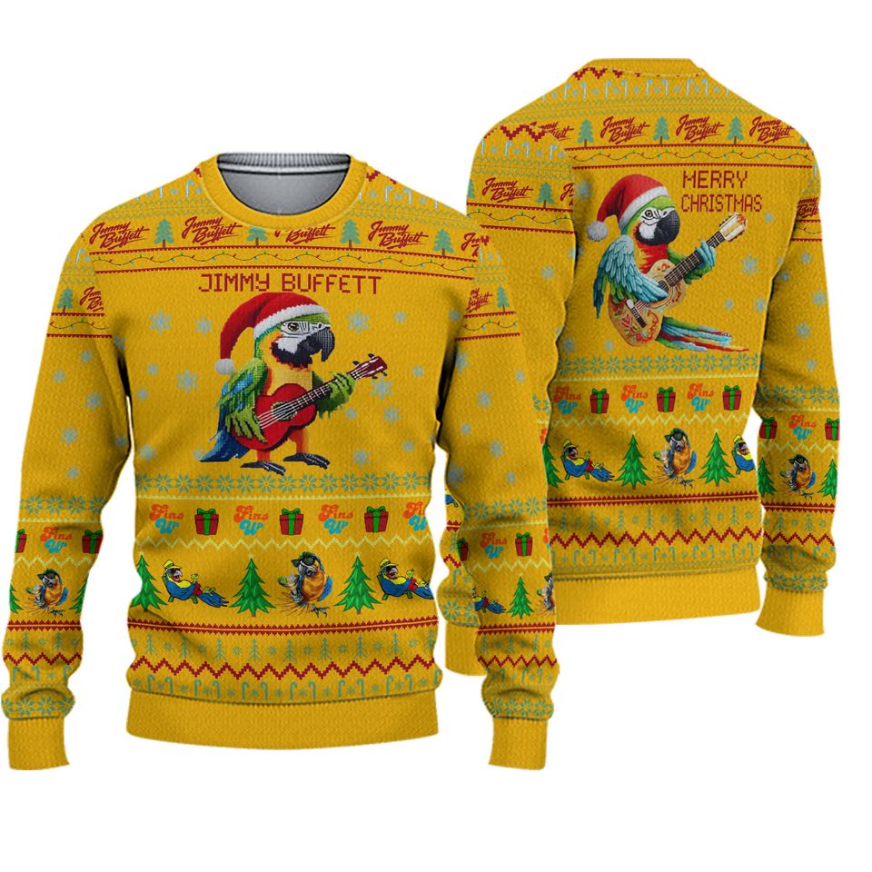 Jimmy Buffett Loves Parrot Merry Christmas Yellow Ugly Sweater