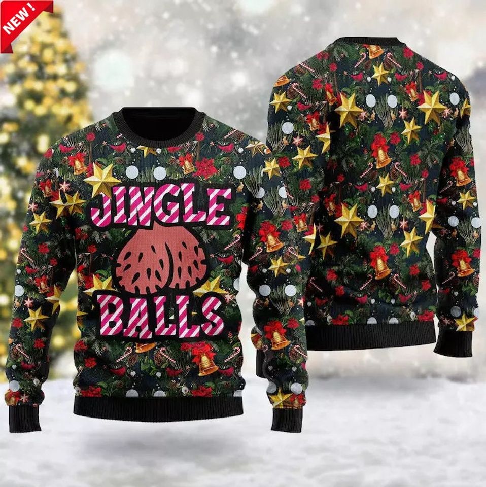 Jingle Balls Christmas Sweater - Funny Ugly Holiday Sweater for Christmas Parties - Festive Humor Knit