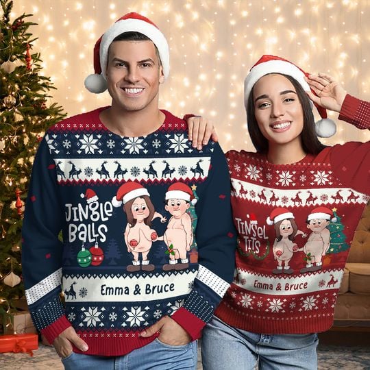 Jingle Balls Tinsel Tits Personalized Couple Ugly Sweater - Image 4