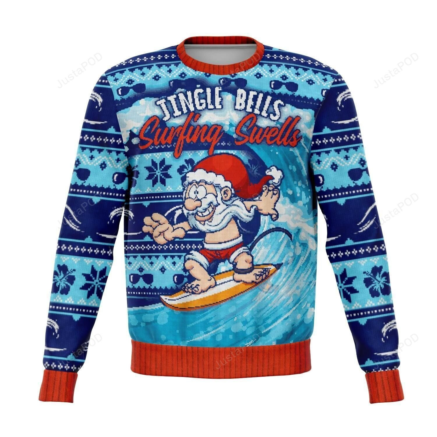 Jingle Bells Surfing Swells Ugly Christmas Sweater Adult 3D Funny Matching for family