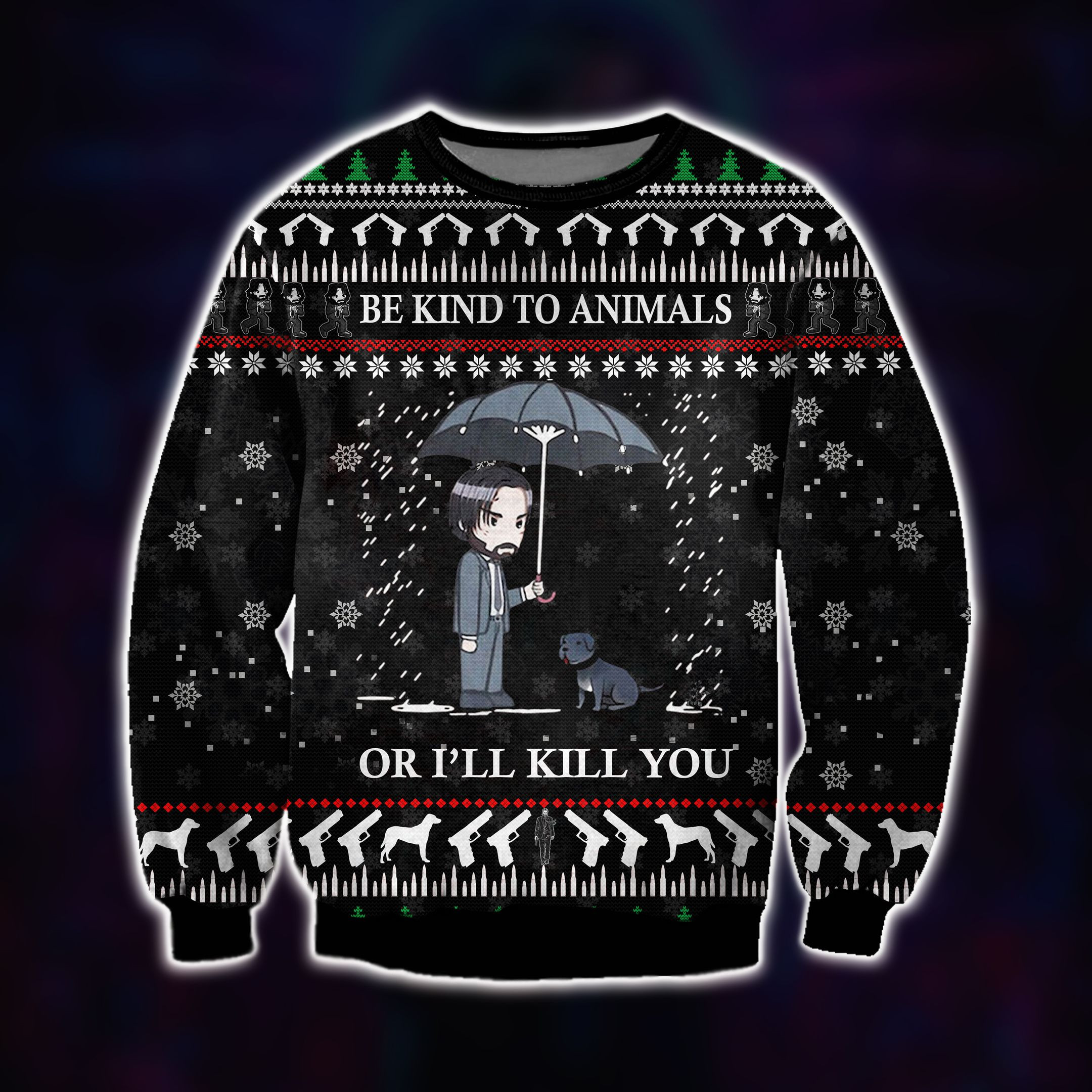 John Wick & Animal 3D Print Knitting Pattern Ugly Christmas Sweater Adult 3D Funny Matching for family