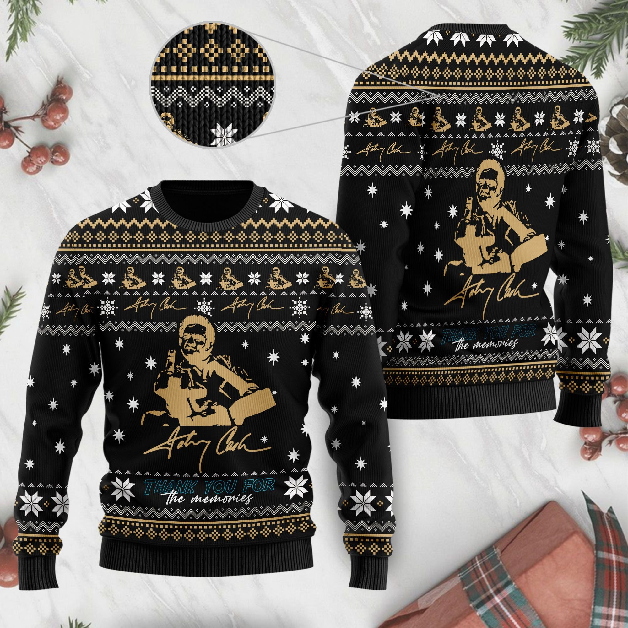 Jonny Cash Thank You For The Memories Shirt Full Size For Fans Ugly Christmas Sweater Adult 3D Funny Matching for family