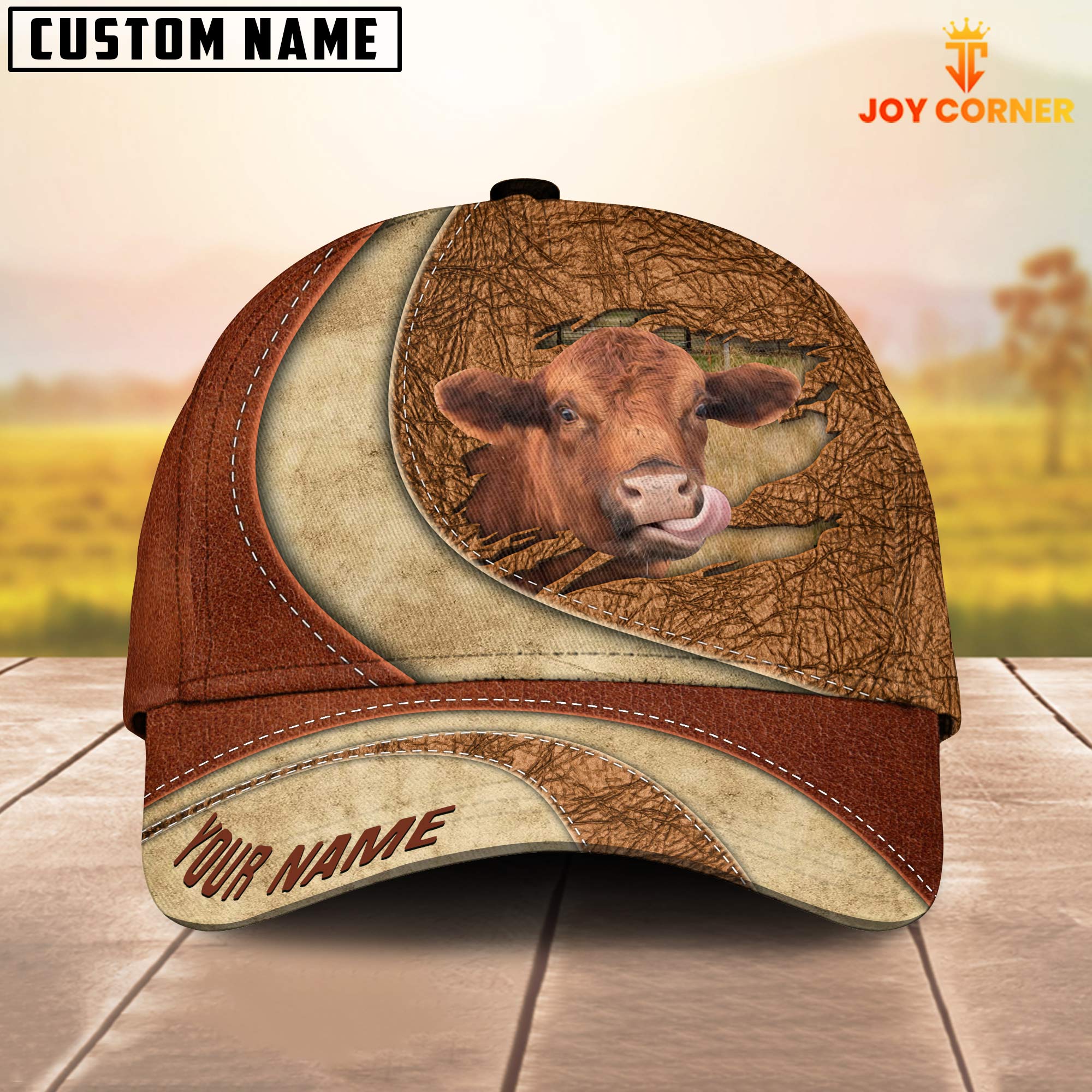 Joycorners Custom Name Red Angus Torn Leather Pattern Classic Cap Trucker Hats Custom Hats Gifts For Men & Women