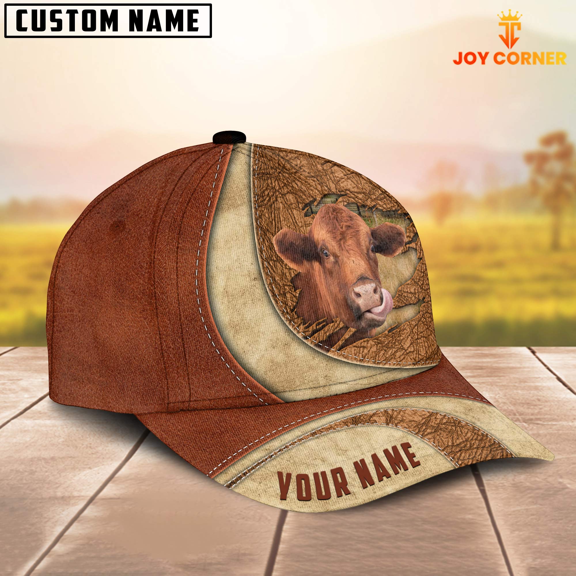 Joycorners Custom Name Red Angus Torn Leather Pattern Classic Cap Trucker Hats Custom Hats Gifts For Men & Women