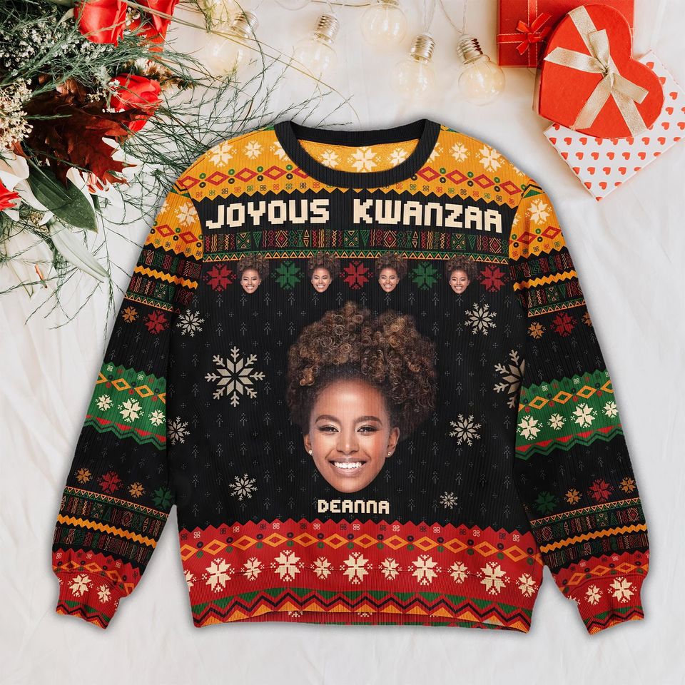 Joyous Kwanzaa Christmas Sweatshirt, Personalized Photo Ugly Sweater