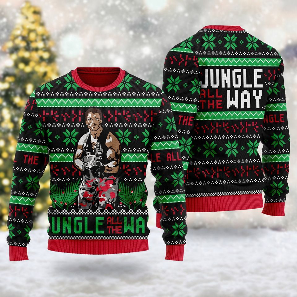 Jungle Movie Ugly Christmas Sweater, 90s Action Movie Character Xmas Sweatshirt