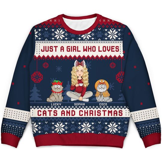Just A Girl Who Loves Cats And Christmas Cartoon Style - Gift For Cat Moms, Cat Lovers - Personalized Unisex Ugly Sweater - Image 4