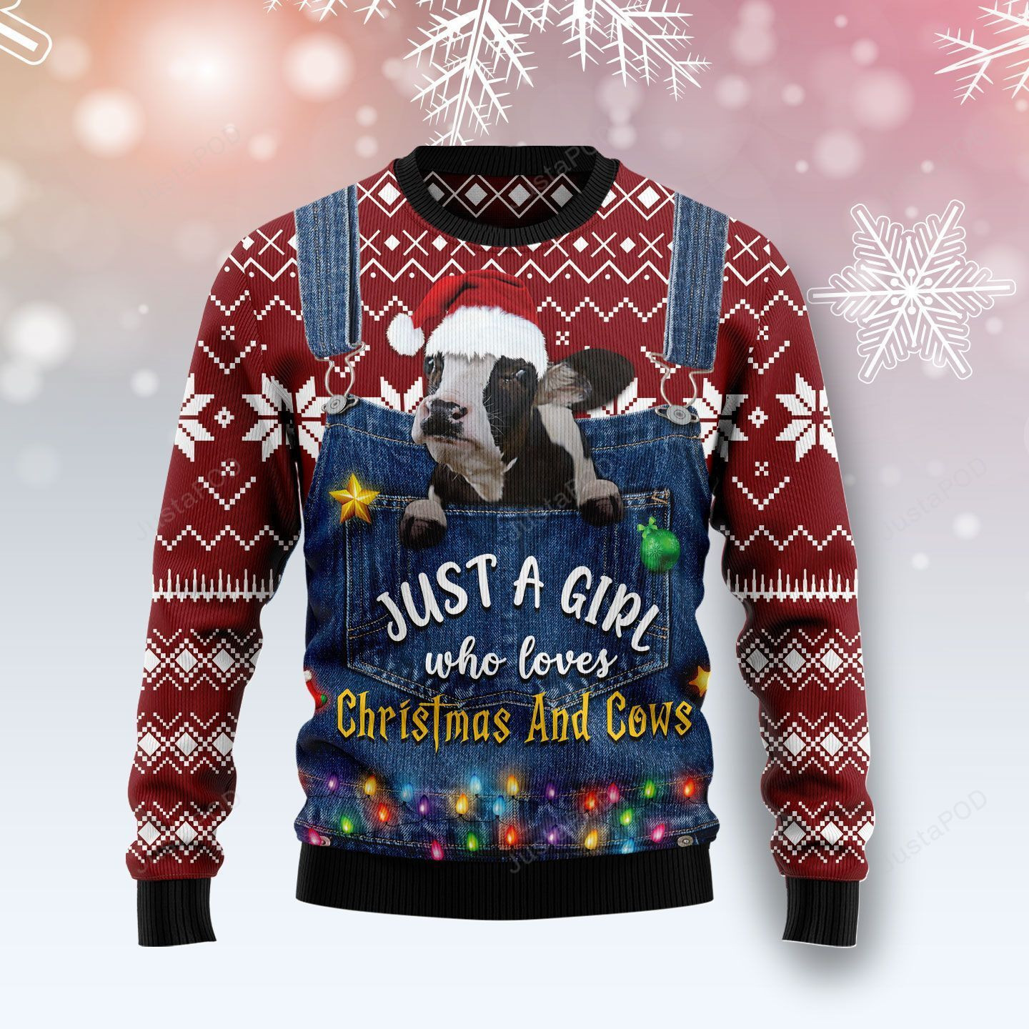 Just A Girl Who Loves Christmas And Cows Christmas Ugly Christmas Sweater Adult 3D Funny Matching for family