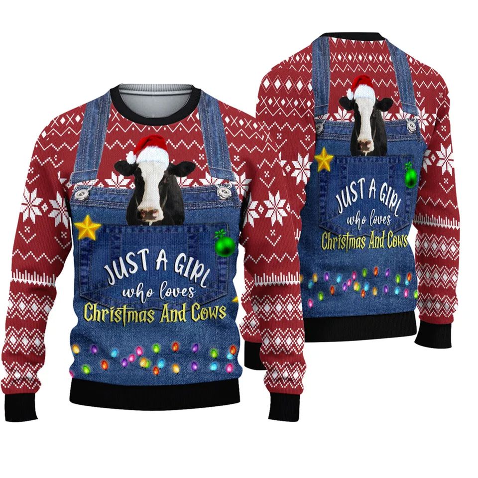 Just A Girl Who Loves Christmas And Cows Ugly Christmas Sweater 3D