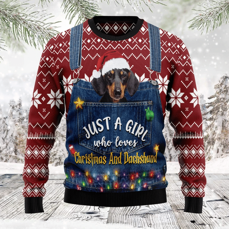 Just A Girl Who Loves Christmas And Dachshund Ugly Christmas Sweater Adult 3D Funny Matching for family